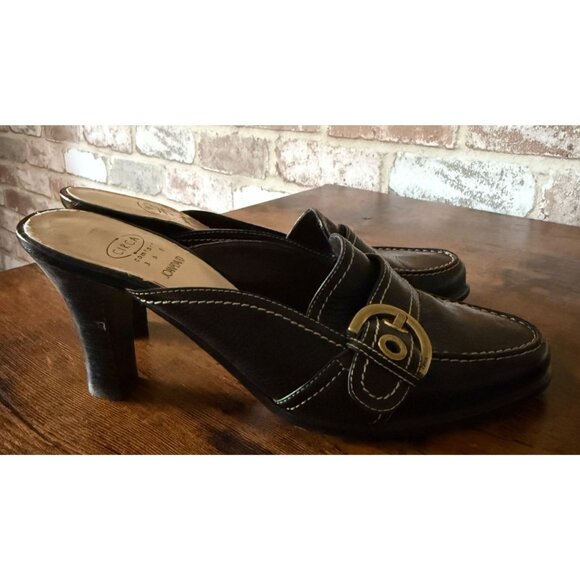Joan & David Shoes - Vintage Circa Joan & David Black Leather Heeled Loafers With Gold Accent Buckles